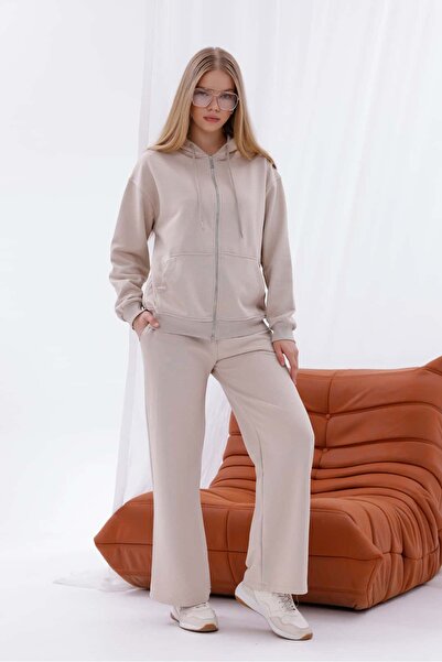 Pulli Collection Bej Taş Detaylı Fermuarlı Sweatshirt ve Bol Paça Pantolon Takım