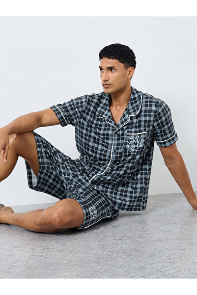 Styli Men Pocket Embroidery Shirt and Checked Shorts Set