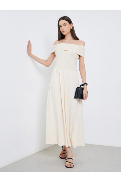 Take Two By Styli Beige Off Shoulder A-Line Midi Dress
