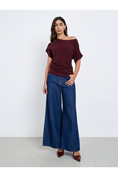 Styli Burgundy Ribbed Knit Batwing Sleeve Top