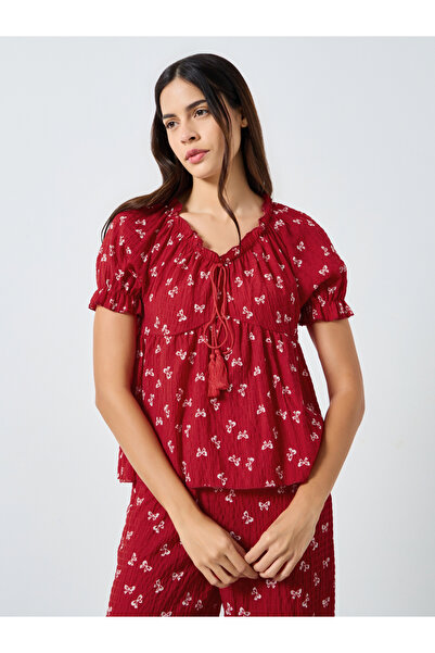 Styli Ribbon Print Tassel Tie Top and Cuffed Pyjama Set