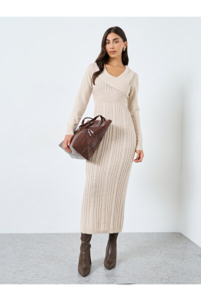 Take Two By Styli Beige Cable Knit Bodycon Midi Dress
