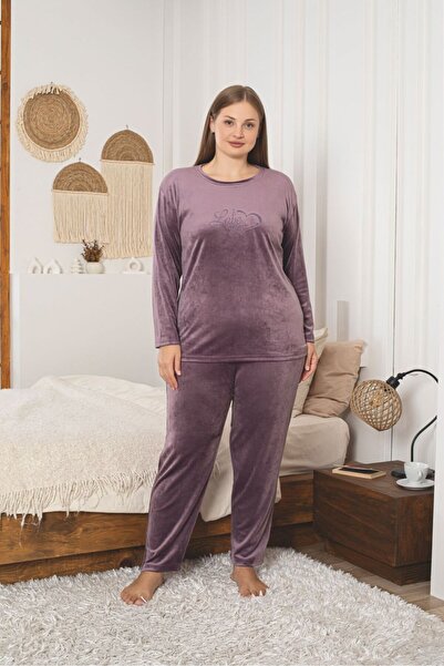 Asel Plus Size Lilac Ultrasoft Velvet Long Sleeve Pajama Set