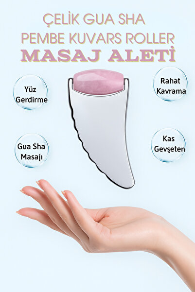 NehirTaş Sertifikalı Çelik GuaSha Pembe Kuvars Roller Cilt Masaj Aleti