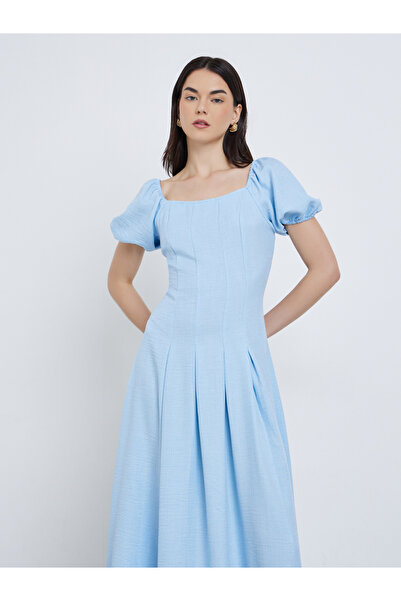 Take Two By Styli Solid Puff Sleeve Pleated Maxi Dress