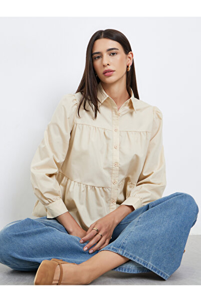 Take Two By Styli Beige Button Front Puff Sleeve Shirt