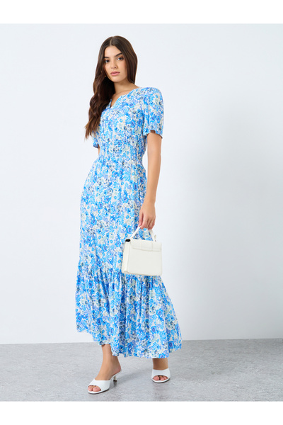 Styli All-Over Floral Print Short Sleeves Tiered Maxi Dress