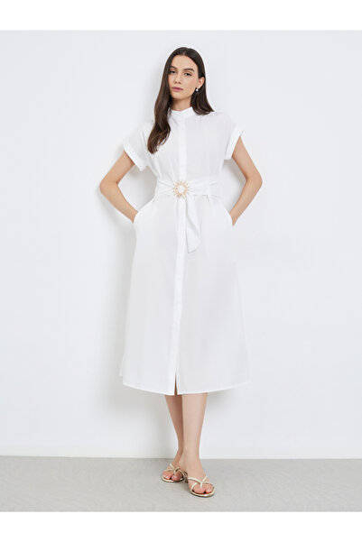 Take Two By Styli White A-Line Midi Dress with Belt