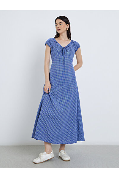 Take Two By Styli Checked Print Tie Up Neck Midi Dress