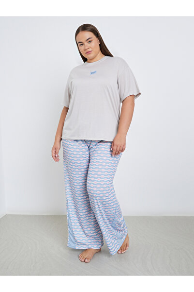 Styli Plus Drop Shoulder Patch T-Shirt and Geo Print Pyjama Set