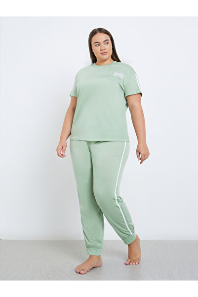 Styli Plus Slogan Print T-Shirt and Cuffed Pyjama Set