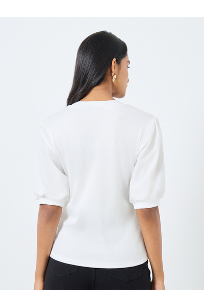 Take Two By Styli Elegant White Puff Sleeve Blouse
