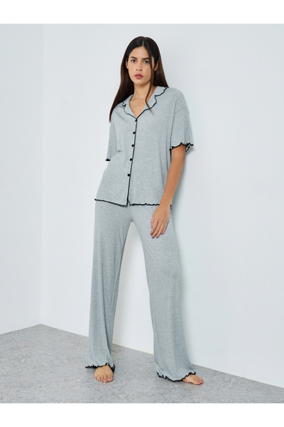 Styli Supersoft Ribbed Lettuce Hem Shirt and Pyjama Set