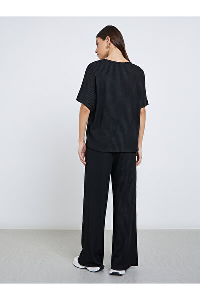 Styli Black Oversized Ribbed T-Shirt and Pants Co-Ords