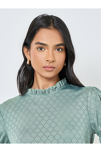 Take Two By Styli Green Textured Eyelet Puff Sleeve Blouse