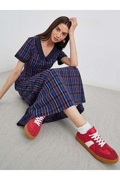 Take Two By Styli Checked Print V-Neck A-Line Maxi Dress