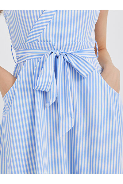 Take Two By Styli Striped Wrap Midi Dress with Waist Tie