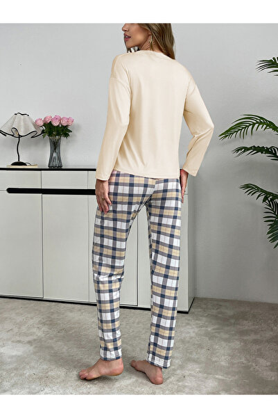 Take Two By Styli Cream Solid T-Shirt and Checked Pyjama Set