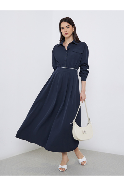 Take Two By Styli Solid Collared Shirt A-Line Midi Dress