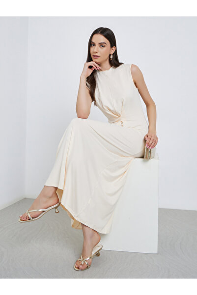 Take Two By Styli Beige Solid Center Front Pleated Midi Dress