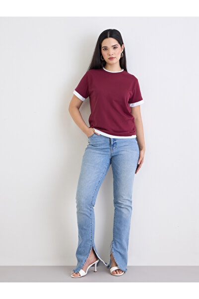 Styli Burgundy Regular Fit Cotton Ringer T-Shirt