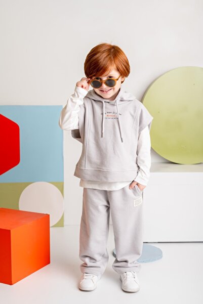 Zeyland Unisex Çocuk Kapşonlu Kısa Kol Sweatshirt - Gri