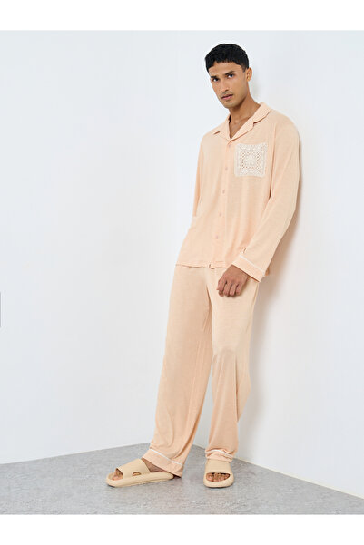 Styli Men Lace Pocket Piping Detail Shirt and Pyjama Set