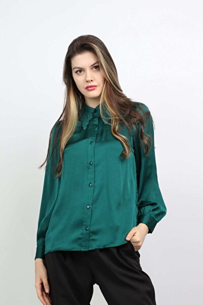 mica Solid Button-Front Shirt with Lace Collar