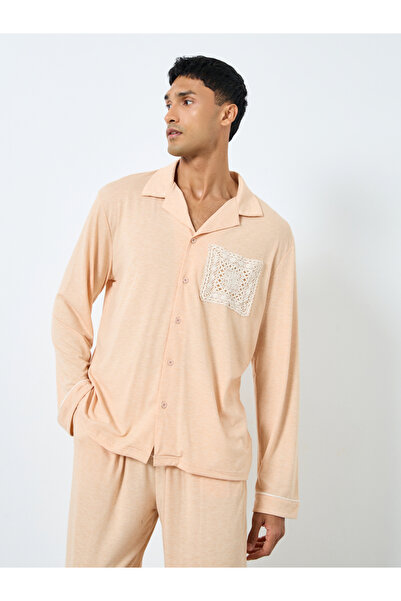 Styli Men Lace Pocket Piping Detail Shirt and Pyjama Set