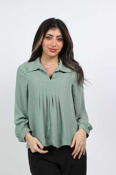 mica Wide Long-Sleeve Shirt with Chest Pleats