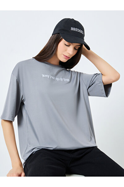 Take Two By Styli Grey Embroidered Slogan Oversized T-Shirt