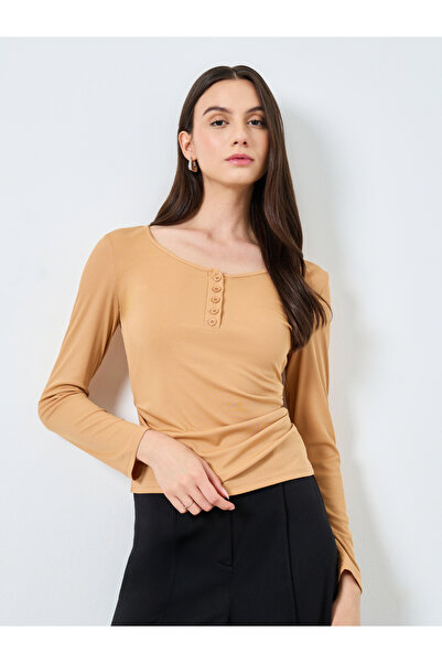 Take Two By Styli Crew Neck Buttoned Ribbed Knit Top
