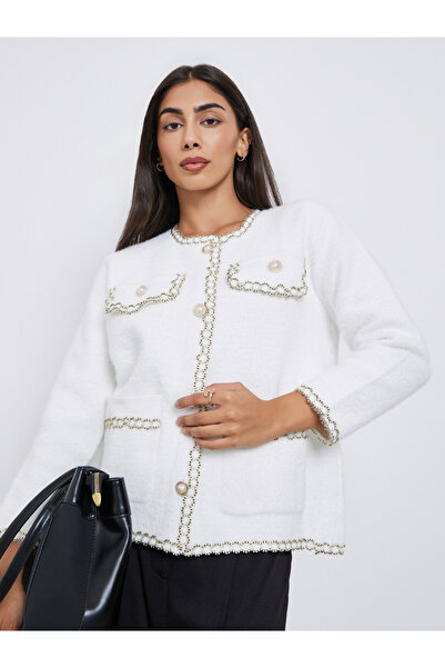 Styli كارديجان أبيض مزين بالفرو