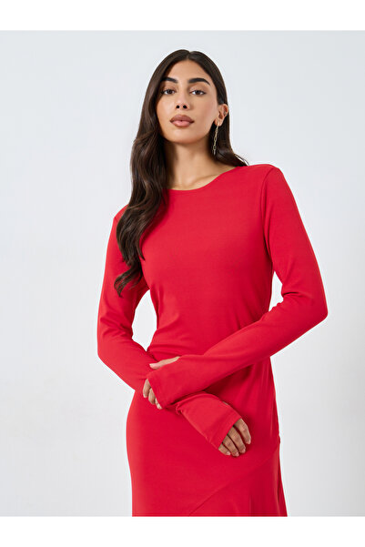 Take Two By Styli Solid Long Sleeve Asymmetric Hem Midi Dress