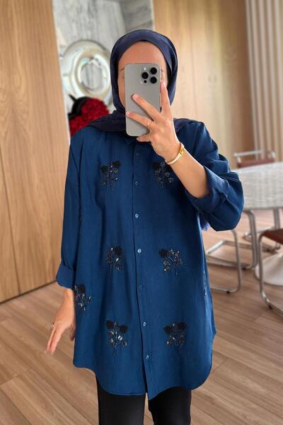 Ka Hijab Seul Çiçek İşleme Gömlek - İndigo