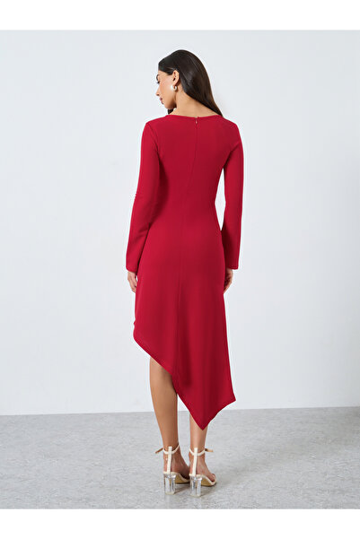 Take Two By Styli Solid Long Sleeve Asymmetric Hem Midi Dress