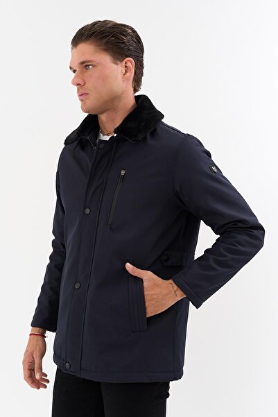 SİVAİST Men's Navy Blue Detachable Collar Fur-Lined Water-Repellent Coat with Fur Inside – Windproof, Lightweight and Da