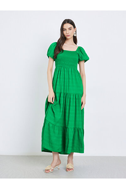 Take Two By Styli Green Puff Sleeve Tiered Midi Dress
