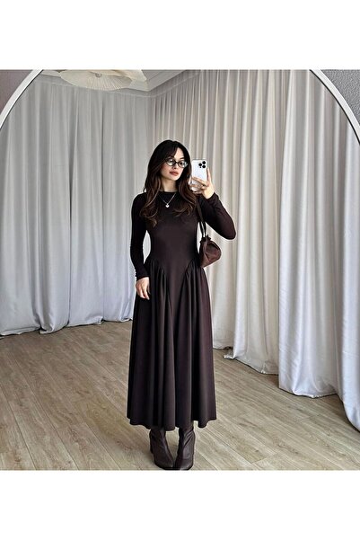 eBaa fashıon BELDEN OTURMALI UZUN KOL MİDİ ELBİSE