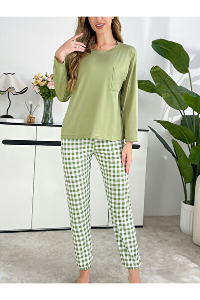Take Two By Styli Green Plain T-Shirt and Checked Pyjama Set