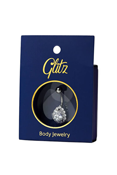 Glitz جليتز حلق بطن فضي بالكريستال شكل قطرة