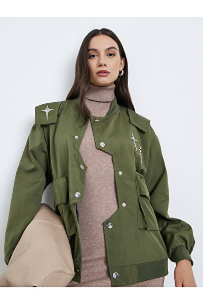 Styli Green Metal Stud Accent Utility Jacket