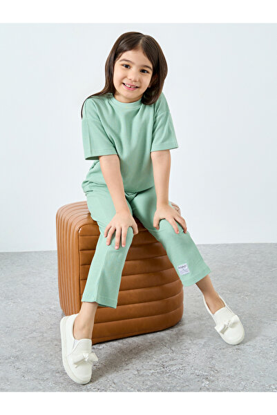 Styli Girls Green Waffle Knit Top and Relaxed Joggers Set