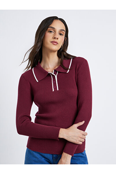 Styli Textured Ribbed Long Sleeve Polo Top