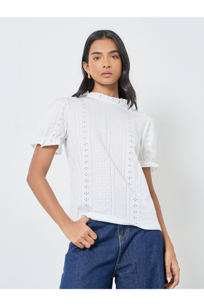 Take Two By Styli White Schiffli Puff Sleeve Blouse