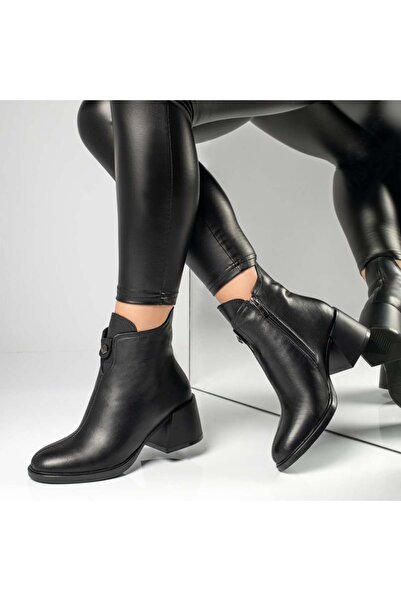 Modlet.ro Women's black leather thick-heel ankle boots MOD12324