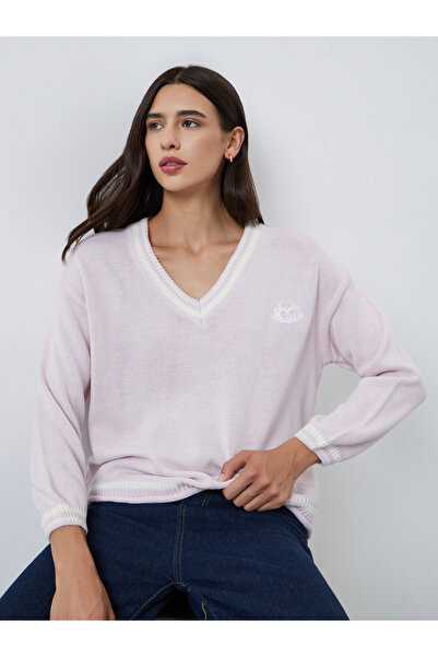 Styli Pink V-Neck Striped Oversized Sweater