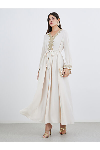 Styli Women Cream Lace Detail V Neck Jalabiya with Fabric Belt