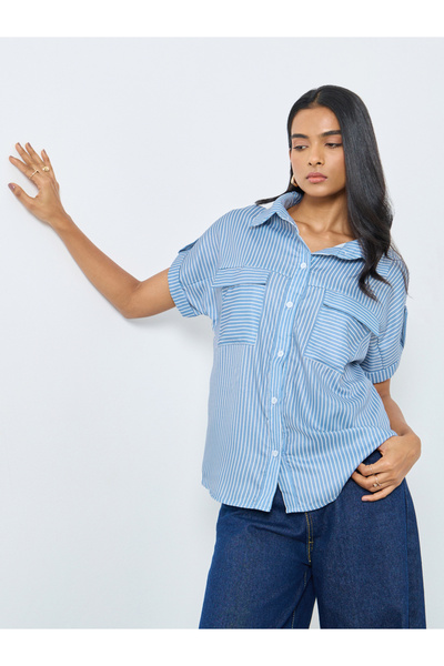 Take Two By Styli Blue Striped Short Sleeve Shirt