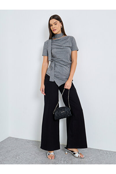 Styli Grey Knit Top with Tie Neck Detail